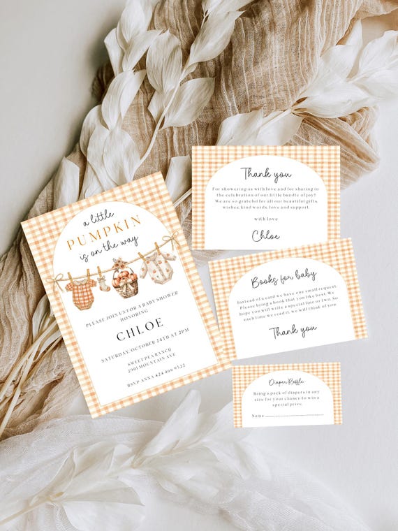 Fall Pumpkin Baby shower Invitation Bundle, Clothesline, Gingham (Editable Printable) Digital Download #acb