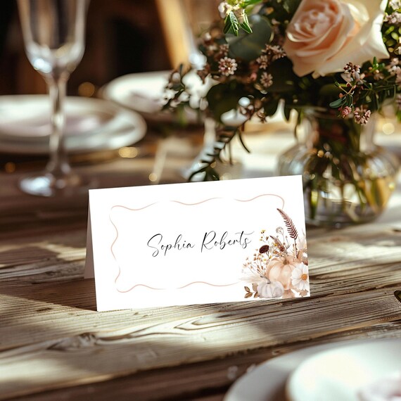 Floral Pumpkin Fall Wedding Place Card Template: Printable Tent Fold Name Card #tfw