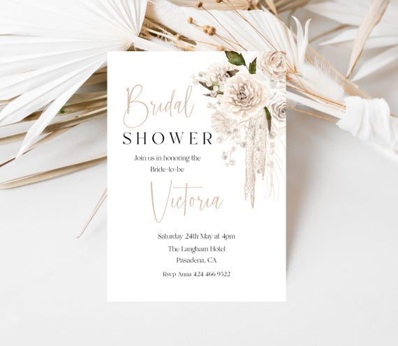 Neutral Floral Bridal Shower Invitation: Boho Pearls (Editable Template) Printable #pea