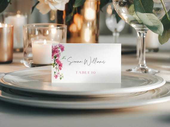 Bougainvillea Place Card Template: Pink Floral Wedding Table Card (Printable, Editable, 3.5x2") #bgv
