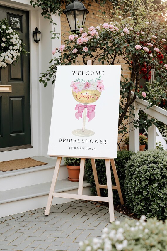Elegant Champagne Bridal Shower Welcome Sign: Pink Bow, Floral (Editable Printable) Instant Download
