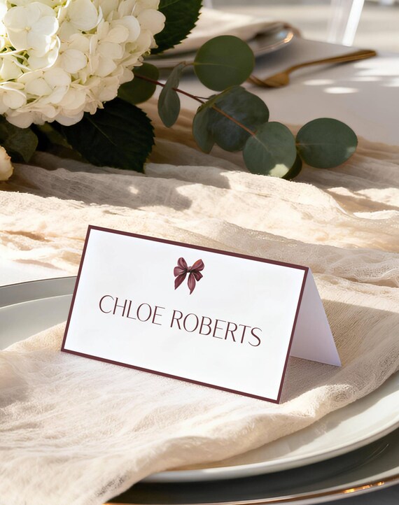 Burgundy Bow Place Card Template: Elegant Wedding DIY (Printable Tent Fold, Editable #mbb)