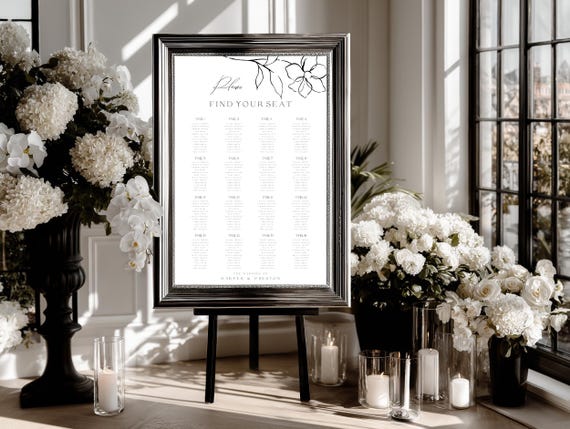 Modern Wedding Seating Chart Sign: Black and White Wildflower (Editable Printable) #bsf