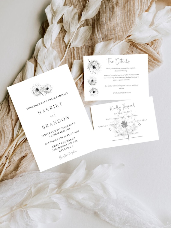 Minimalist Dandelion Wedding Invitation Set: Black and White Template (Printable, Editable)