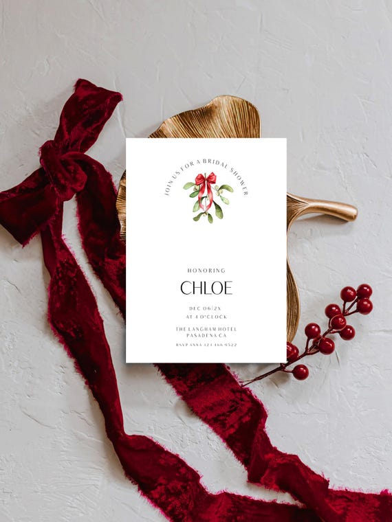Mistletoe Bridal Shower Invitation, Festive, Xmas, Red Bow ( Editable Printable ) Modern