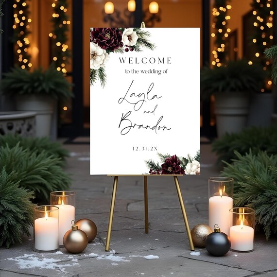 Burgundy Floral Wedding Welcome Sign: Winter Holiday Decor (Digital Download, 18x24") Printable #bwb
