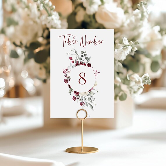Burgundy Floral Wedding Table Number Sign: Wildflower Design (Printable,Editable Template) #bur