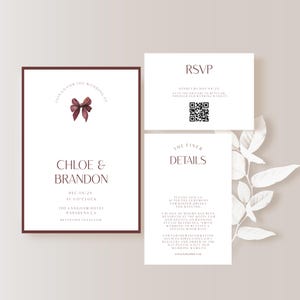 Minimalist Stylish Wedding Invitation Suite Template, Burgundy Bow Wedding Invitation Set, Simply Modern Wedding Invite, Printable,Edit #mbb