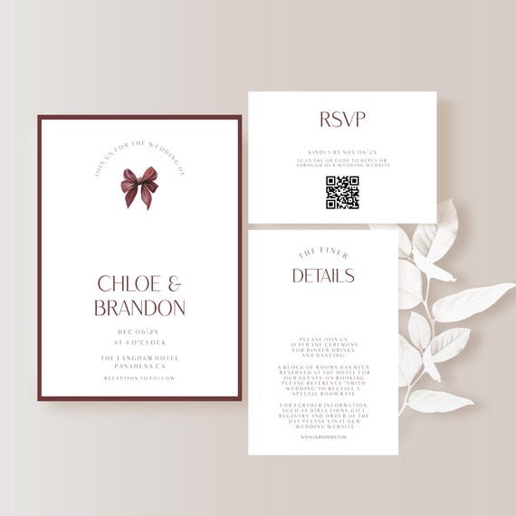 Burgundy Wedding Invitation Suite Template: Minimalist Bow Design (Printable, Editable, Digital Download #mbb