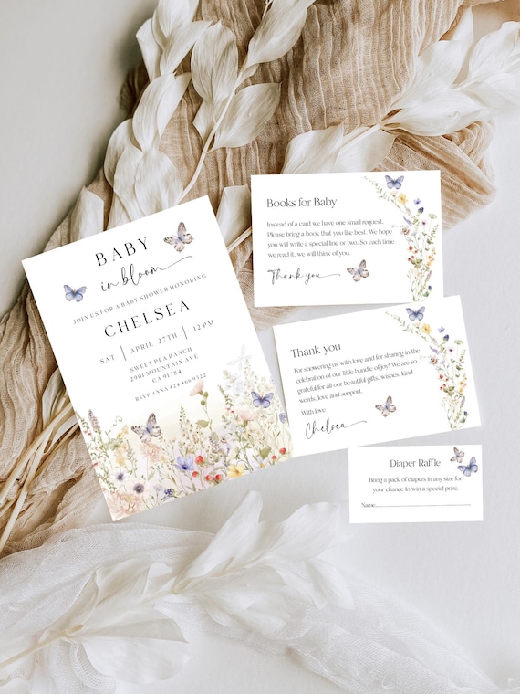 Baby In Bloom Baby Shower Invitation, Wildflowers, Butterflies, Spring Flowers (Editable Printable) Digital #wsb