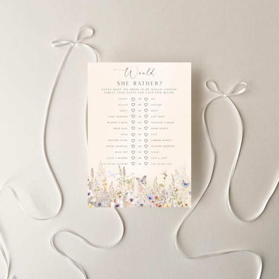 Wildflower Bridal Would She Rather, Bridal Shower Game, Floral (Editable Printable) Digital #dwf