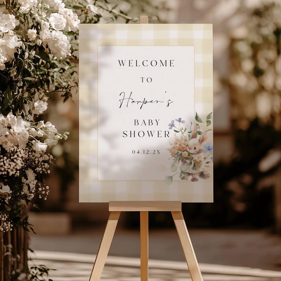 Gingham Bunny Baby Shower Welcome Sign Template, Floral (Editable Digital Download) Printable  #wbb