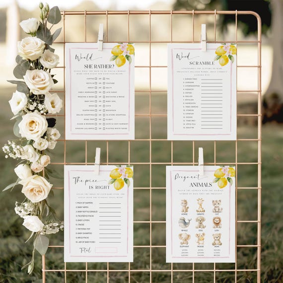Lemons Baby Shower Games Bundle, Pink Floral, 20 Editable Games/Signs, Printable (Digital) #lem
