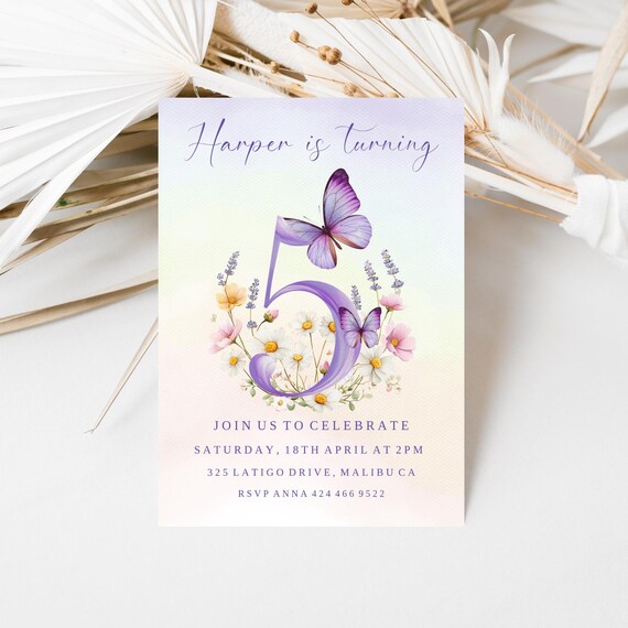 Butterfly 5th Birthday Invitation, Girls Party Invite, Purple, Colorful (Editable Printable) Digital