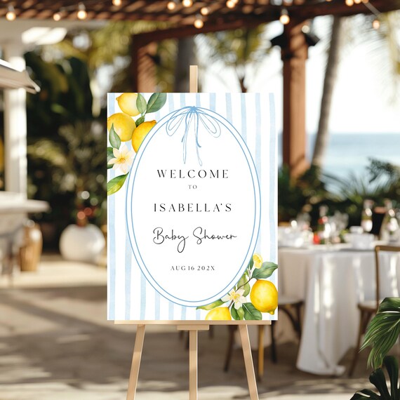 Lemons Baby Shower Welcome Sign: Blue Stripes, Bow, Coastal Mediterranean  (Printable, Editable) #obb