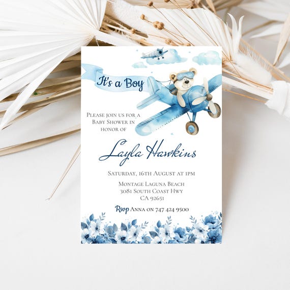 Blue Teddy Airplane Baby Shower Invitation: Floral, It's a Boy (Printable, Editable)