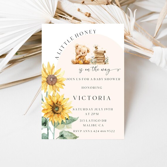 Honey Bear Baby Shower Invitation: Sunflower Theme (Editable Template) Printable #snf