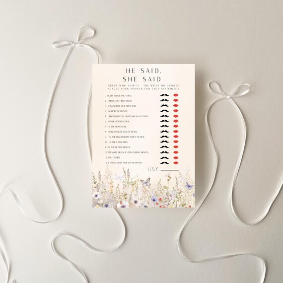Wildflower Bridal Shower Game, He Said She Said, Floral (Editable Printable) #dwf