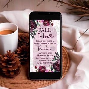 Modello di invito per la festa nuziale con peonie bordeaux autunnali, invito floreale per la festa nuziale rosso scuro e malva, messaggio di testo, stampabile, modificabile