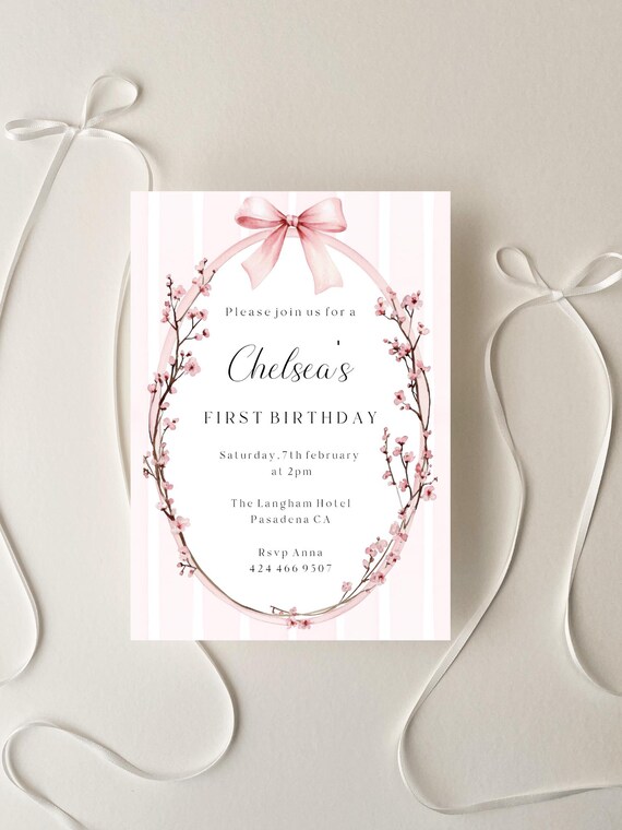 Pink Blossom First Birthday Invitation, Girls, Floral, Blush (Editable Printable) Instant Download