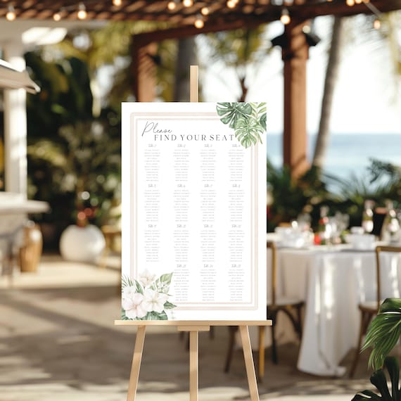 Tropical Wedding Seating Chart: Coastal Seating Plan Sign, Floral (Editable Printable) #tbb