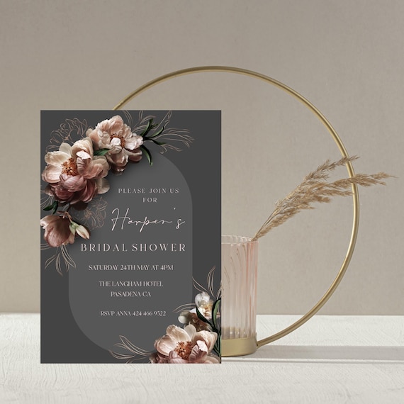 Elegant Floral Bridal Shower Invitation Template: Gray & Blush Peony (Editable,Printable) #gpp