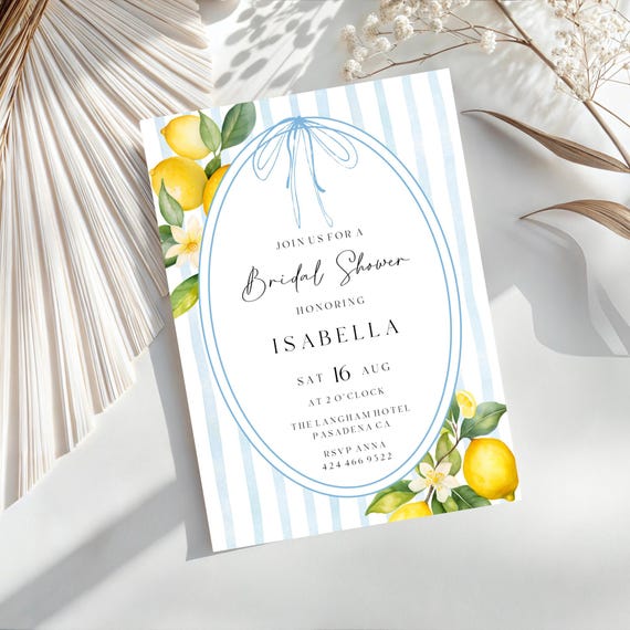 Lemons Bridal Shower Invitation Template: Blue Stripes, Coastal Blossom (Printable, Editable) #obb