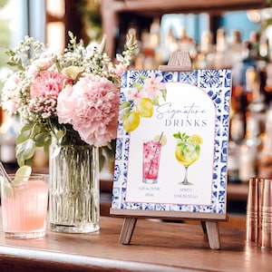 May include: A rectangular sign on a wooden easel featuring a blue and white tile pattern border, floral accents, and yellow lemons. The text reads Signature DRINKS, GIN & TONIC PINK, and SPRITZ LIMONCELLO, with watercolor illustrations of two cocktails.