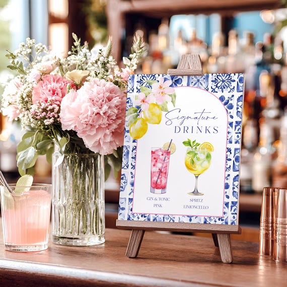 Mediterranean Signature Drinks Sign: Blue Tile Wedding Cocktail (Printable)