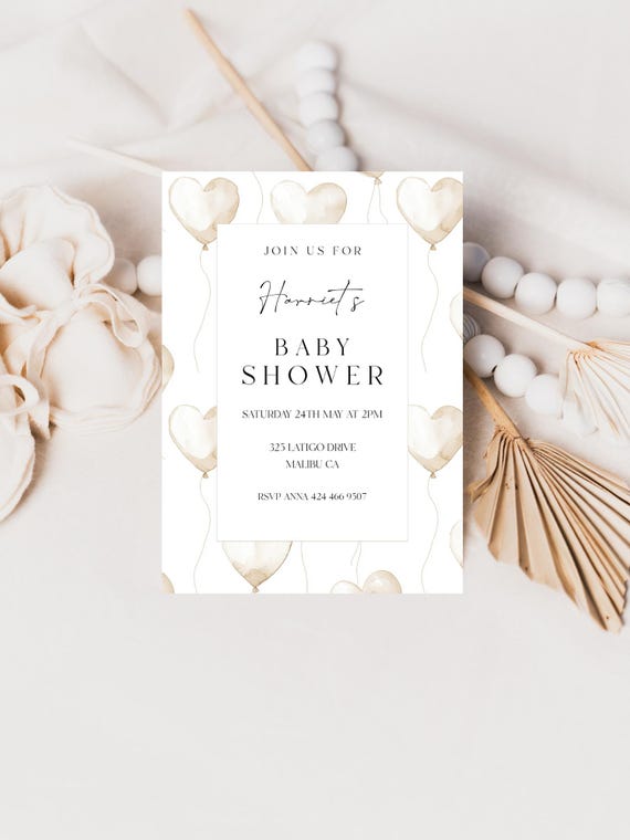 Neutral Hearts Baby Shower Invitation Template: Beige, Valentines, Minimalist Printable (Editable)