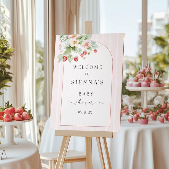 Strawberry Baby Shower Welcome Sign: Pink Summer Theme (Editable,Printable) #str