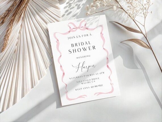 Pink Bow Bridal Shower Invitation, Elegant, Ribbon (Printable Editable) Instant Download #prs