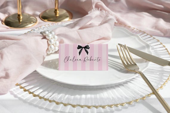 Pink Stripe Bow Place Card Template: DIY Printable Name Card (Flat & Tent Fold) #vss