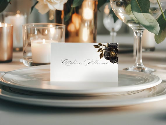 Black Floral Wedding Place Card: Elegant, Script, Magnolia Name Card (Editable Printable )  #mag