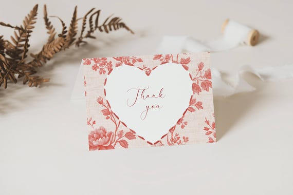 Floral Heart Thank You Card Template: Valentines, Shower, Wedding DIY Printable (5.5x4.25" Tent Fold & Flat)