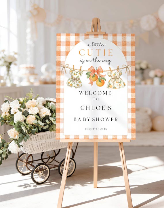 Little Cutie Baby Shower Welcome Sign, Oranges, Gingham, Clothesline (Editable Printable) Digital #lcb