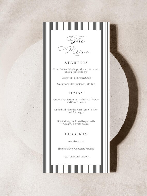 Elegant Pinstripe Wedding Menu Template, Table menu, Gray, Modern, (Editable Printable) Digital  #mtm