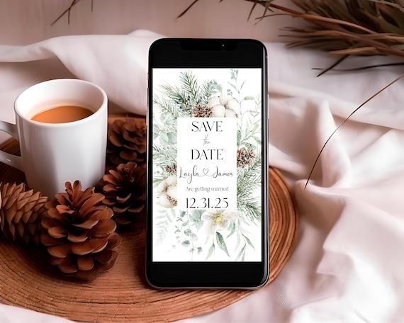 Winter Foliage Save the Date Evite: Christmas Wedding Announcement (Digital Template) #win