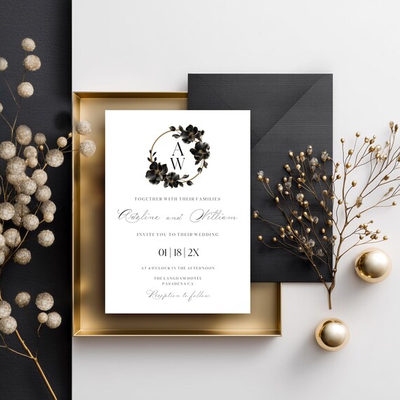 Black Floral Wedding Invitation Set: Elegant, Script, Classic, Magnolia (Editable Printable )  #mag