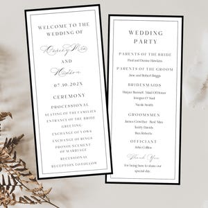 May include: Two elegant wedding programs with black borders. The left program reads "Welcome to the Wedding of" followed by names and a date. The right program lists the wedding party, including parents, bridesmaids, groomsmen, and officiant.