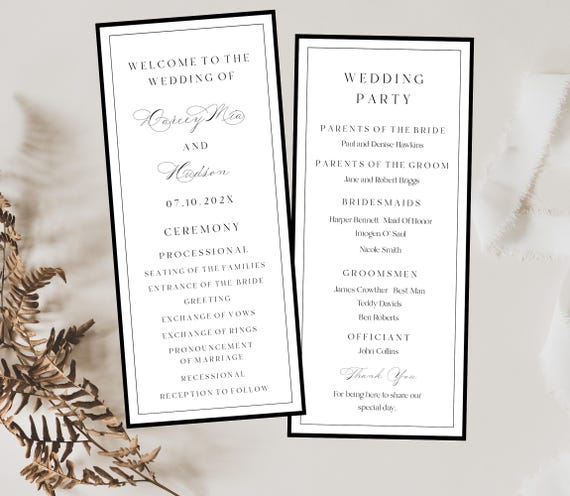 Elegant Script Wedding Program Template: Modern Black Border (Digital Download) Editable #DARCEY