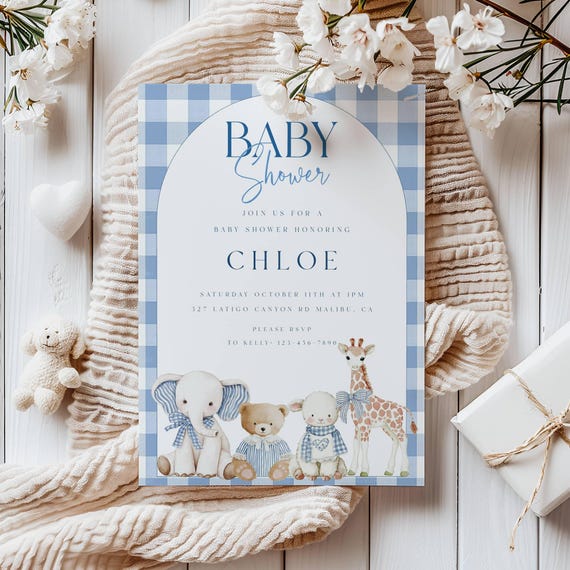 Baby Animals Baby Shower Invitation, Blue Gingham, Bows, Boy (Editable Printable) Instant Download #vtb