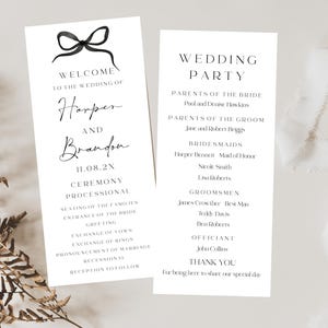 May include: Two white wedding programs with black text. One program reads "Welcome to the Wedding of Harper and Brandon" with the date and ceremony details. The second program lists the wedding party, including parents, bridesmaids, groomsmen, and officiant.