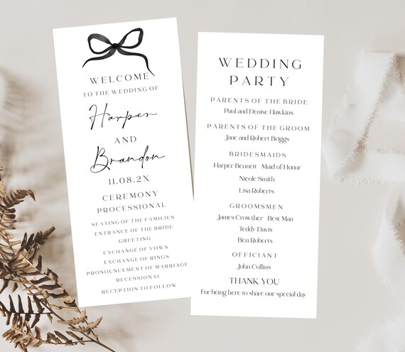 Modern Bow Wedding Program Template: Elegant Printable Card #BELLA