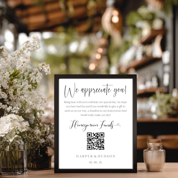 Modern Honeymoon Fund QR Code Sign: Minimalist Wedding Cash Gift (Printable, Editable Template)
