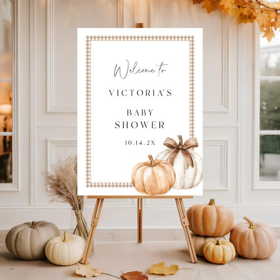 Pumpkin Baby Shower Welcome Sign: Autumn Gingham (Editable Template, 18x24" Digital Download) #pbs