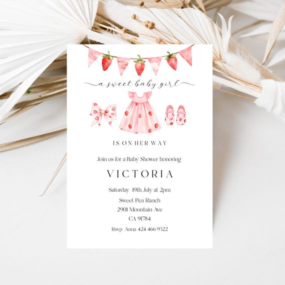 Strawberry Baby Shower Invitation Template: Sweet Girl Invite (Editable Printable)