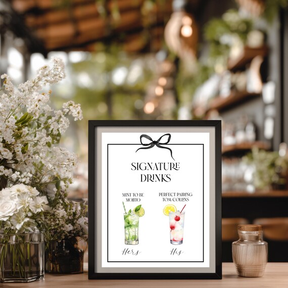 Elegant Signature Drink Sign: Black Bow Wedding Editable Cocktails (Digital Download 8x10") #BELLA