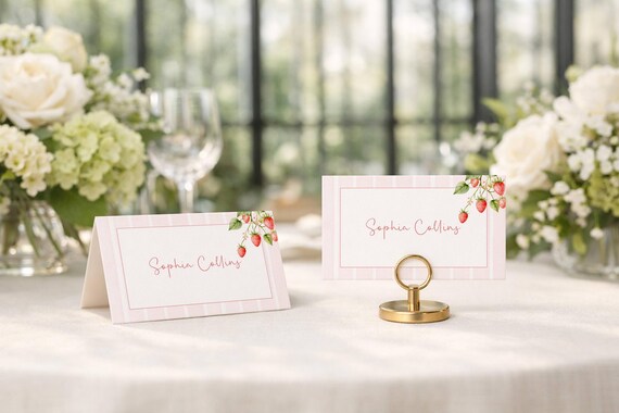 Strawberry Place Card, Pink striped Strawberries Name Card, wedding/shower  (Editable Printable) #scp