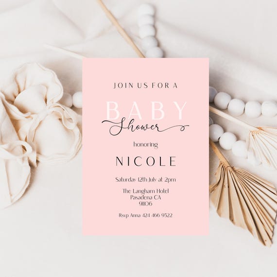 Modern Pink Baby Shower Invitation Template: Minimalist Elegant Invite (Digital Download) Printable